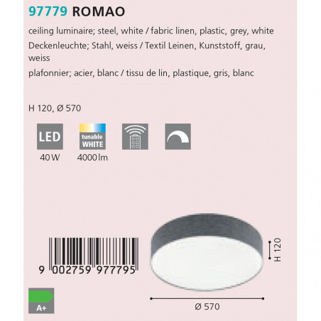 40W LED Lubinis šviestuvas ROMAO Ø57 Grey 97779