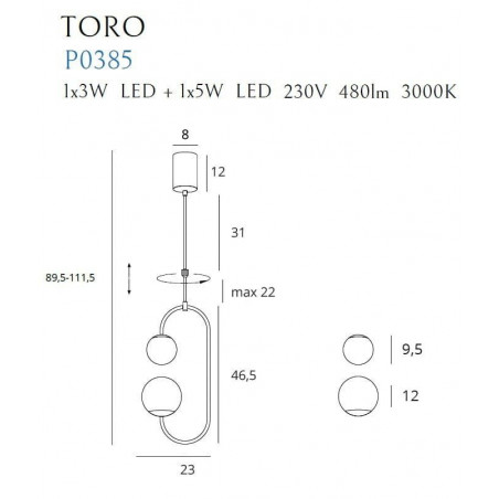 8W LED Pakabinamas šviestuvas TORO Gold P0385